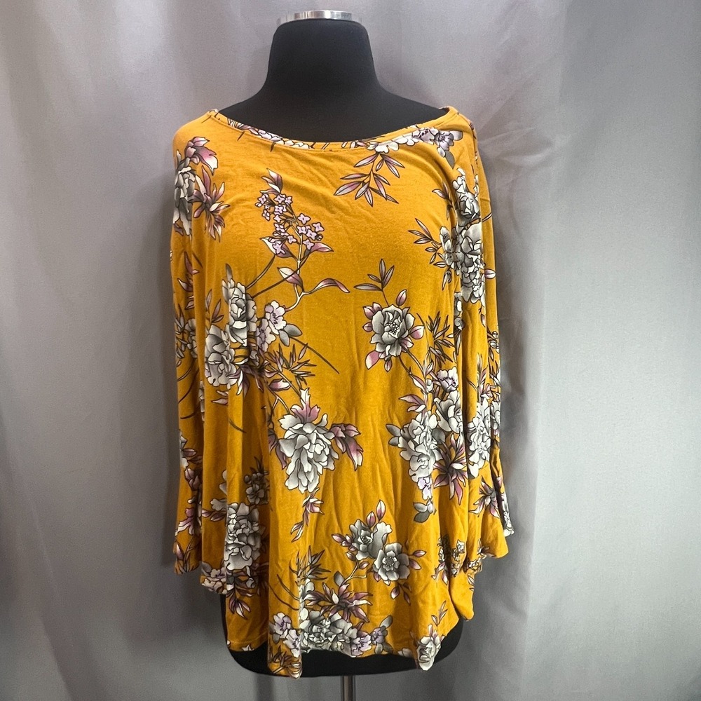 Apt. 9 Blouse Top Womens 2X Mustard Rayon Stretch Floral Scoop Neck Everyday